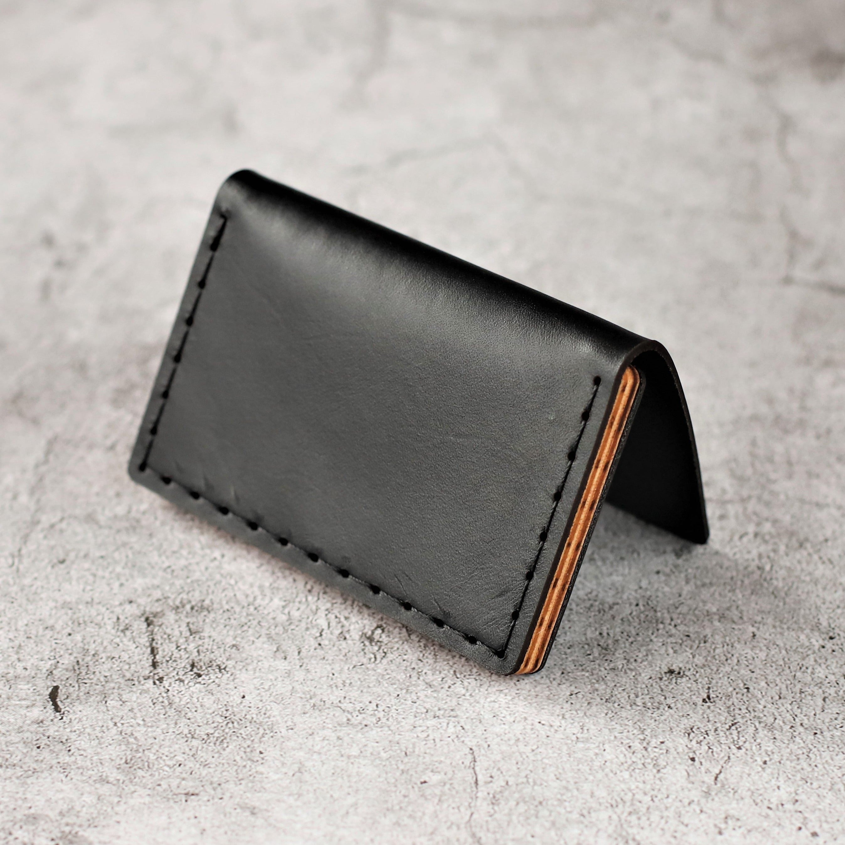Leather Business Card Holder | Wood Frame | Black | Crater Leather
