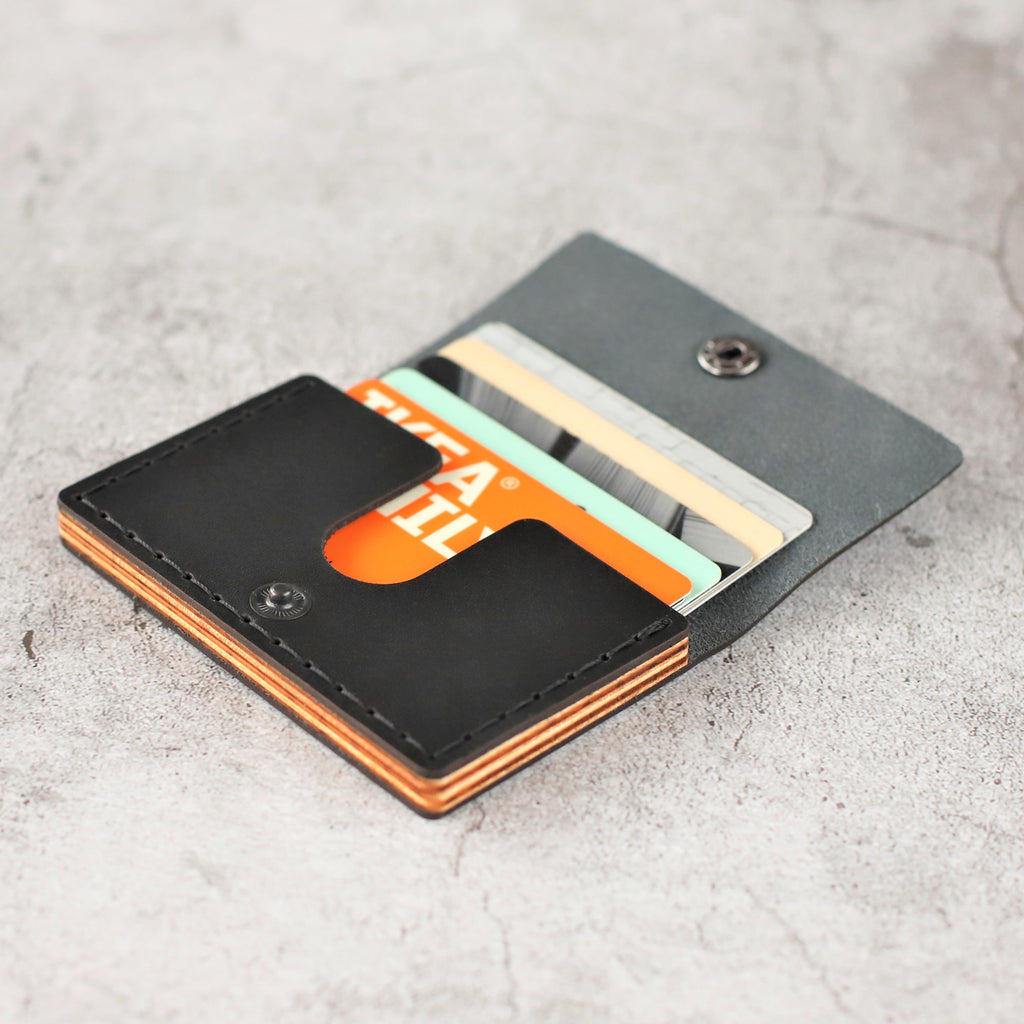 Leather Business Card Holder | Wood Frame | Black | Crater Leather